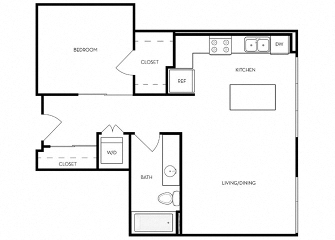 Floor plan for 1 bed, 1 bath, 656 sqft